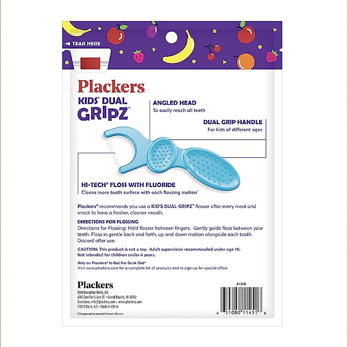 Plackers Kids Dual Gripz Flossers with Fluoride (75 counts/pack)