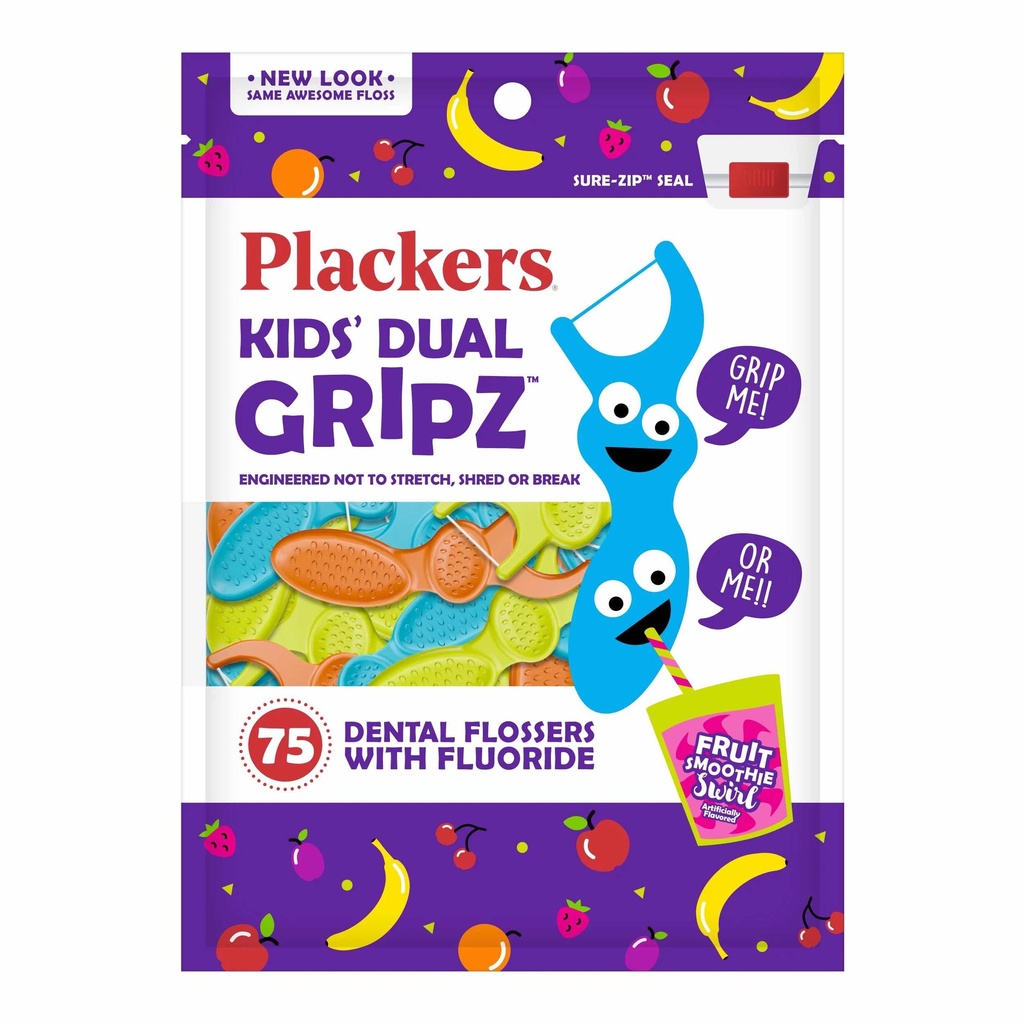 Plackers Kids Dual Gripz Flossers with Fluoride (75 counts/pack)